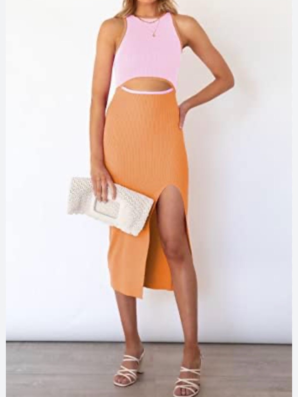 Women's Ribbed Orange dress with Front Slit